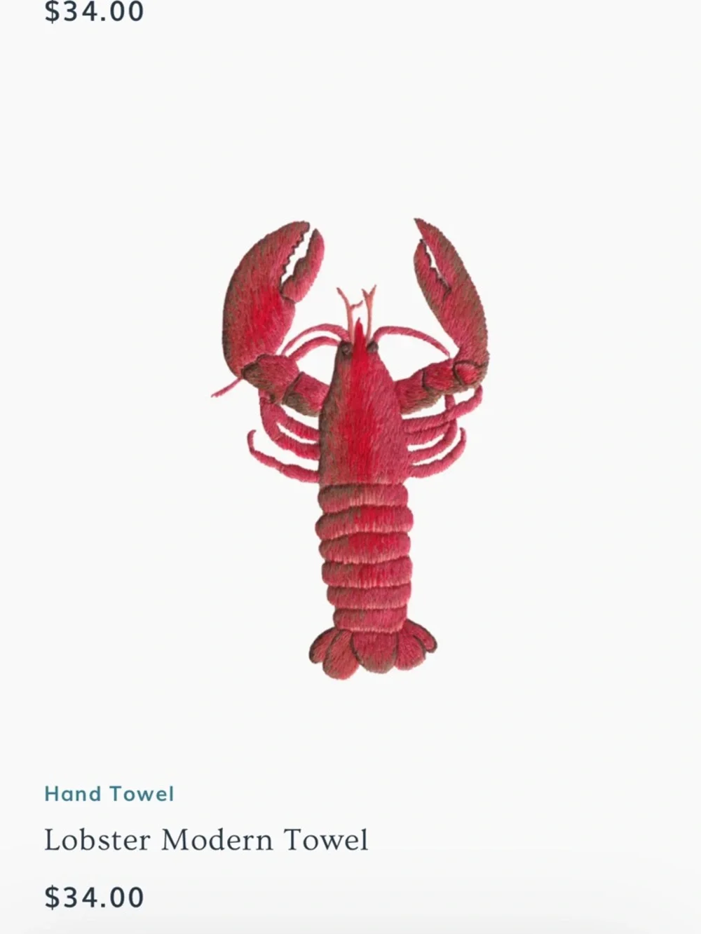 Brand New Henry Handwork White Lobster Embroidered Cotton Towels